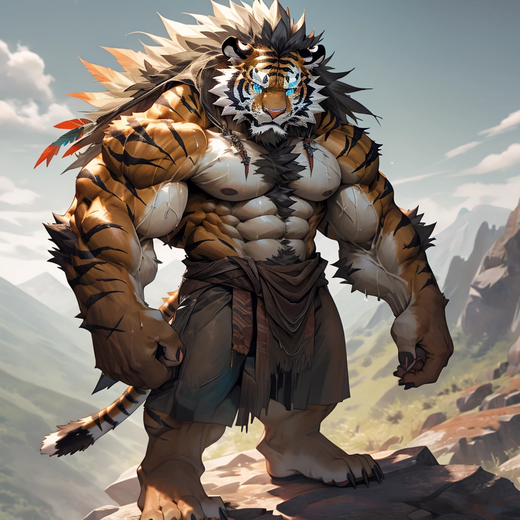 sweating a lot,muscular,Topless,Standing on the cliff at the top of the mountain,hairy,personification,chest hair,Serious face(scars in the face) Mature (blue eyes)Huge muscle ripped abs wild, Tribal chieftain tiger