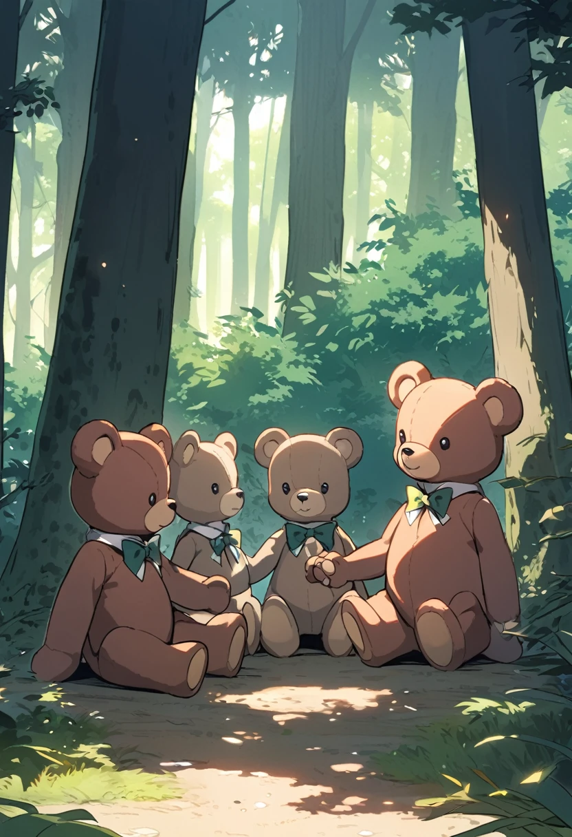 Four teddy bears holding hands and sitting in the forest