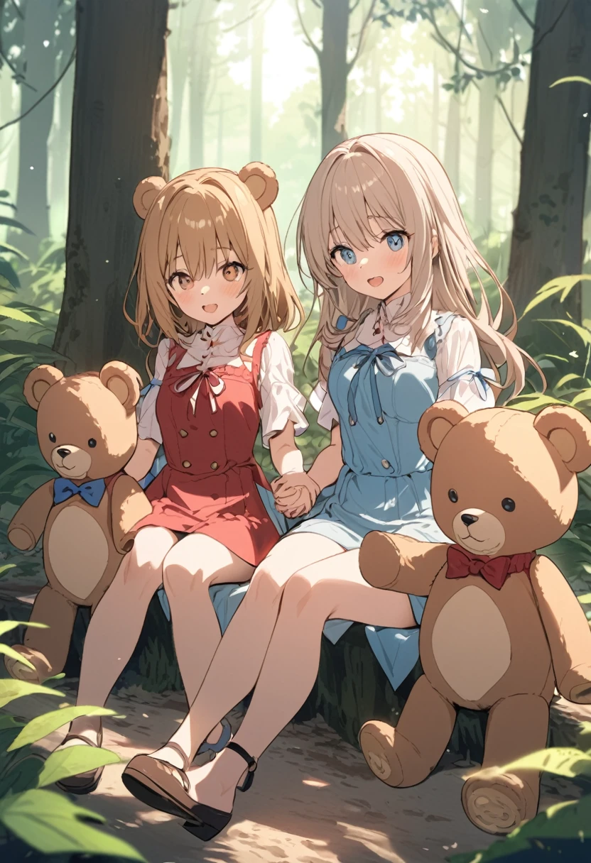 Four teddy bears holding hands and sitting in the forest