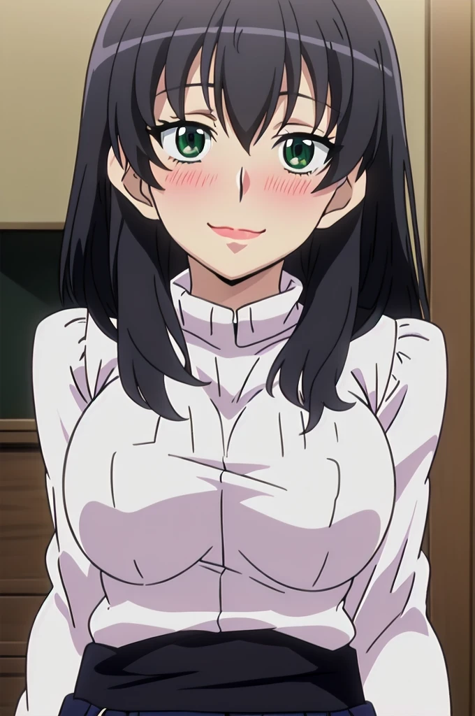 Morinoyuuko, wide, green eyes, big breasts, lipstick, white fabric sweater, black skirt, body average, 1 girl, Alone, in front of the viewer, blushing, Upper part of the body, bold smile.