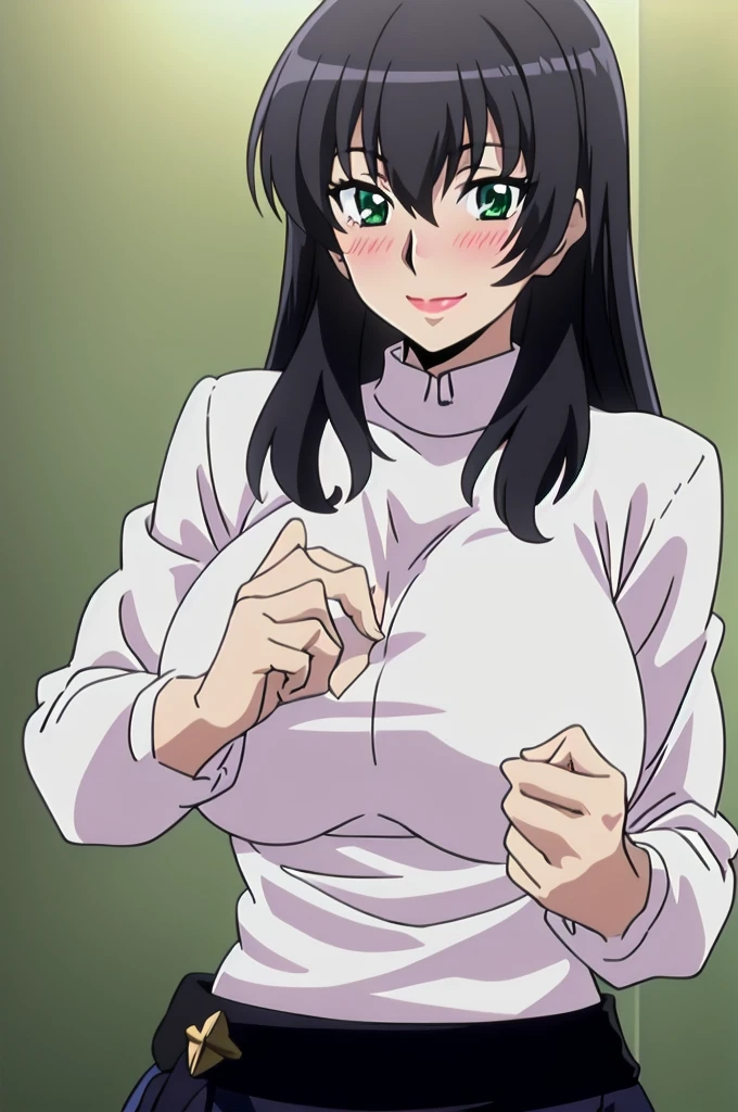 Morinoyuuko, wide, green eyes, big breasts, lipstick, white fabric sweater, black skirt, body average, 1 girl, Alone, in front of the viewer, blushing, Upper part of the body, bold smile.