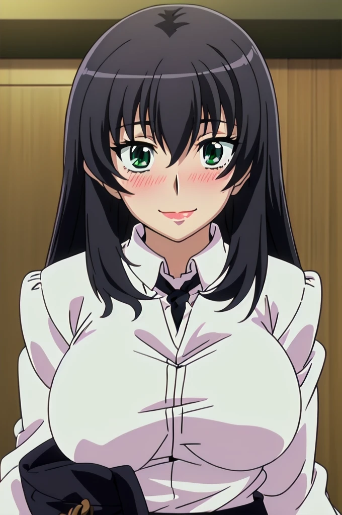 Morinoyuuko, wide, green eyes, big breasts, lipstick, white fabric sweater, black skirt, body average, 1 girl, Alone, in front of the viewer, blushing, Upper part of the body, bold smile.