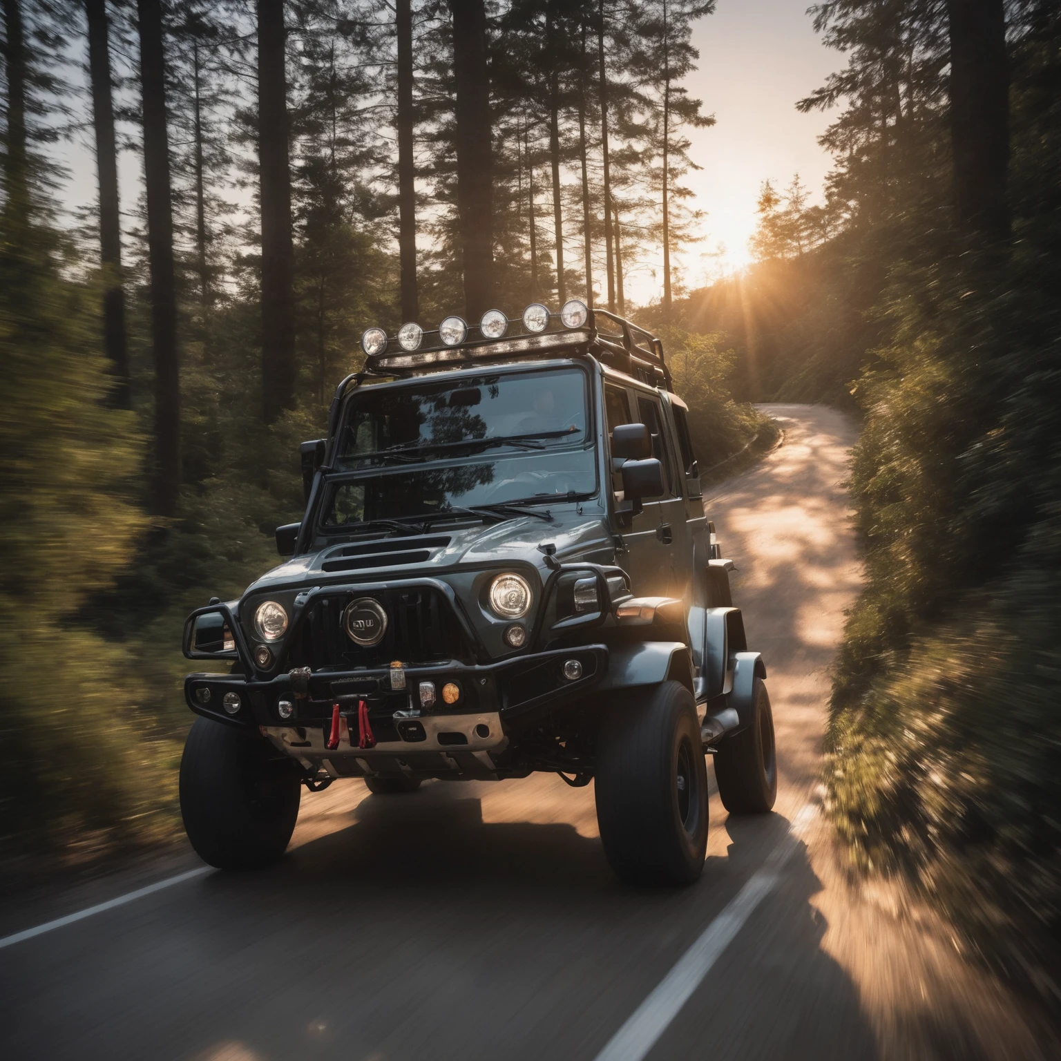 Off-road vehicle photos，An off-road vehicle，Driving fast on the cross-sea bridge，summer，Sunset，detail强化，blur background/Bokeh，Bright with natural light，Ray Tracing，Sky，forest，Hill in the distance，Highly detailed environments，Low depth of field，HD，detail，8K，lens flare，Sunlight,