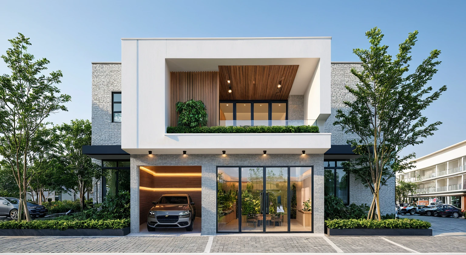 a rendering of a small building with a car parked in front of it, modern lush condo as shopfront, high detailed store, frontview, front perspective, front-view, storefront, in style of simplified realism, front elevation view, shop front, overall architectural design, facing front, front view, mid-view, architectural concept, exterior design