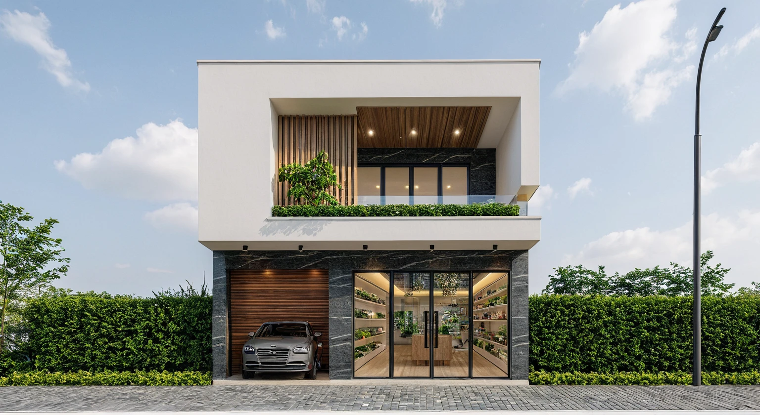a rendering of a small building with a car parked in front of it, modern lush condo as shopfront, high detailed store, frontview, front perspective, front-view, storefront, in style of simplified realism, front elevation view, shop front, overall architectural design, facing front, front view, mid-view, architectural concept, exterior design