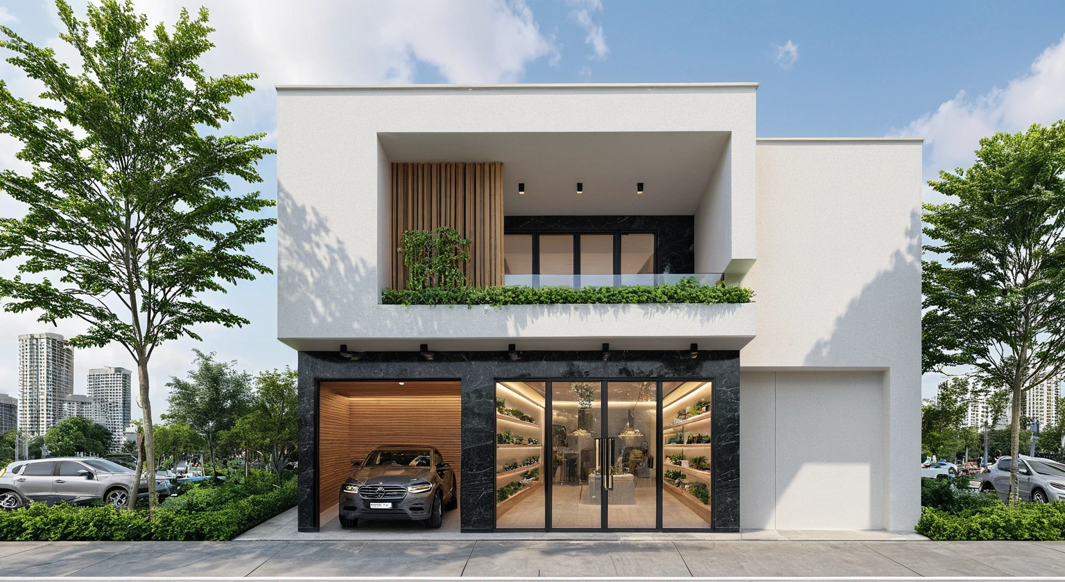 a rendering of a small building with a car parked in front of it, modern lush condo as shopfront, high detailed store, frontview, front perspective, front-view, storefront, in style of simplified realism, front elevation view, shop front, overall architectural design, facing front, front view, mid-view, architectural concept, exterior design