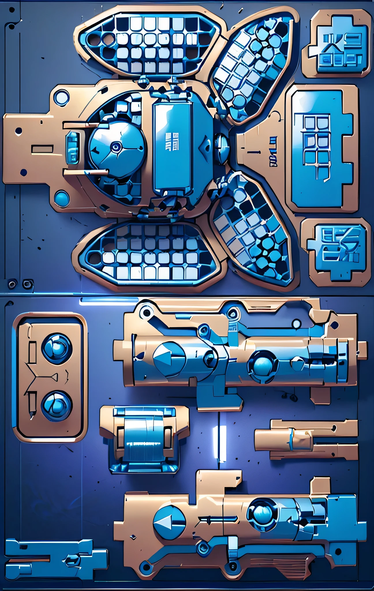 Mecha parts, highly detailed panel cuts, Spacesuit cartoon，Space car cartoon,  Fusion of Mecha parts, highly detailed panel cuts,Plan of a small space station with computers, Robot parts, Fusion of Mecha parts, simple Bionic explosion diagram, Very detailed schematic, Highly detailed toys, cyborg parts, Mecha details, Clean lines and flat colors, Mecha parts, Mechanical body, Bionic explosion diagram, Realistic shadow parts, Mechanical parts details