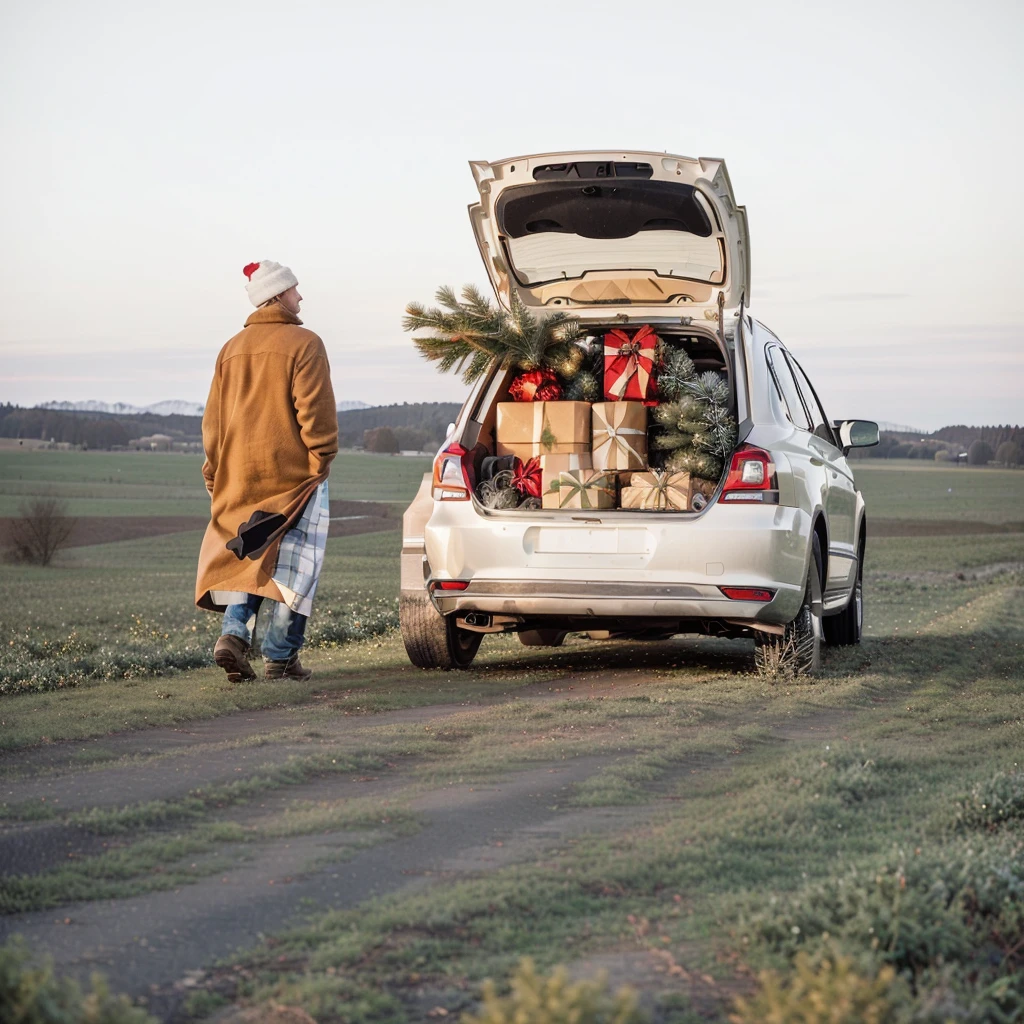there is a man walking towards a car with a christmas tree in the trunk, Panoramic view, Car panorama, Full Vehicle, holiday, Panorama, Automotive commercial photography, Farmers, Mixed Art, Road Trip, erik johansson style, and a bunch of stuff, man?, Medium shot from behind, Winter Environment