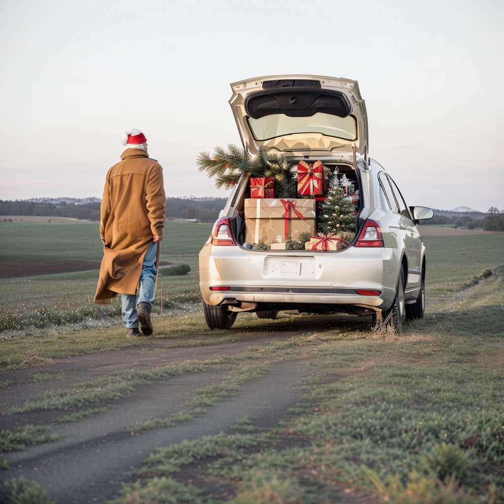 there is a man walking towards a car with a christmas tree in the trunk, Panoramic view, Car panorama, Full Vehicle, holiday, Panorama, Automotive commercial photography, Farmers, Mixed Art, Road Trip, erik johansson style, and a bunch of stuff, man?, Medium shot from behind, Winter Environment