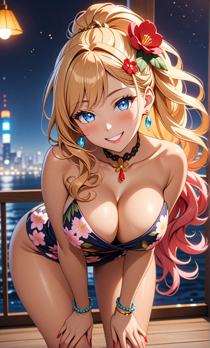 ultra-detailed, ((one girl)), (tan skin improved:1.4),(tanlines:1.3), (sweat skin), (heavy makeup:1.1), hyper detailed, absurdres, 8K, Beautiful Face, (Laugh shyly), ((teasing smile:1.8)),((Wink:1.7)), (Laugh with your mouth wide open),((Tilt your head:1.6)), View your viewers, ((Bright red cheeks:1.6)),Glossy Red Lips, ((Big Breasts:1.5)), ((show off breast:1.4)), ((erect nipples)), ((Fold your arms under your chest:1.3)), night, An observation deck overlooking the sea, (Brighten your face), ((Anime style background)),masterpiece, Highest quality, so beautiful,Latest, Complex details, (Pink long nails), (nail art), (ring),(bracelet), (Floral Choker),AI-generated, Complex,High resolution, Highest quality, super high quality,3D Images、3D Images,One person,Yellow long hair,(High Ponytail), (wavy hair:1.3), Anime woman posing for a photo, ((Fine grain、blue eyes、glowing eyes:1.4)), (Squint your eyes:1.1),a hyperRealistic , hyperRealistic , Realistic,Anime woman with long yellow hair, Smooth anime CG art, A girl in a gorgeous pastel-colored kimono, ((undressing)), ((Pastel-colored furisode)),(Pink large floral pattern) ,Long flower hair ornament,Floral Earrings,Mature Body, tall,Narrow waist, ((leaning forward:1.4)),(hands on knees), (front view),
