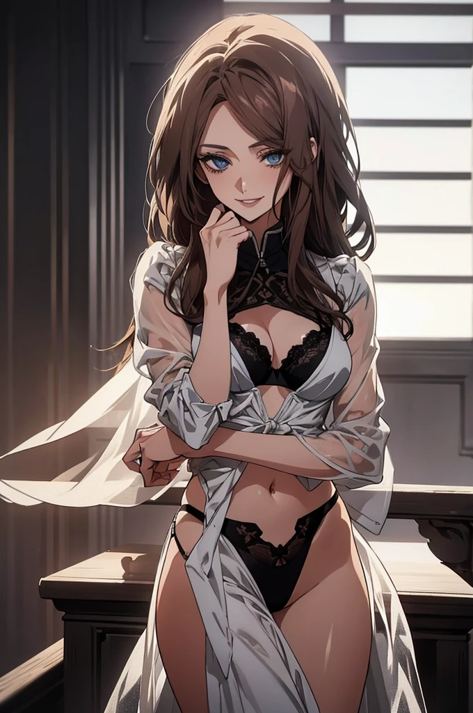 (Highest quality, High resolution, Very detailed), Beautiful and elegant light blue eyes, Brown Hair, Cold Smile, Long Hair, black lace thong bra, 27 years old, Cruel smile, secretary, Pale complexion, Calm, venue,