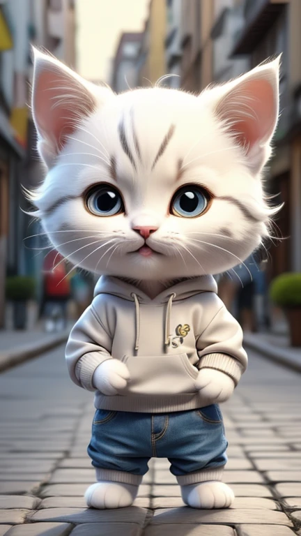 masterpiece,Highest quality,animal,a bit,cute,No humans,White kitten,Sweatshirt and denim outfit,Standing on hind legs,Street background