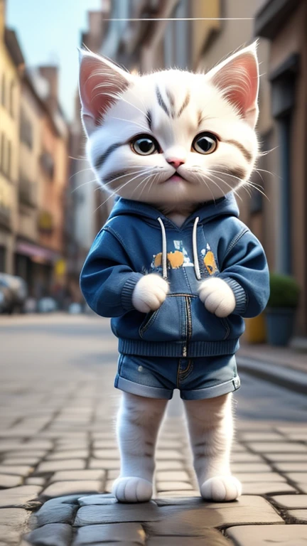 masterpiece,Highest quality,animal,a bit,cute,No humans,White kitten,Sweatshirt and denim outfit,Standing on hind legs,Street background