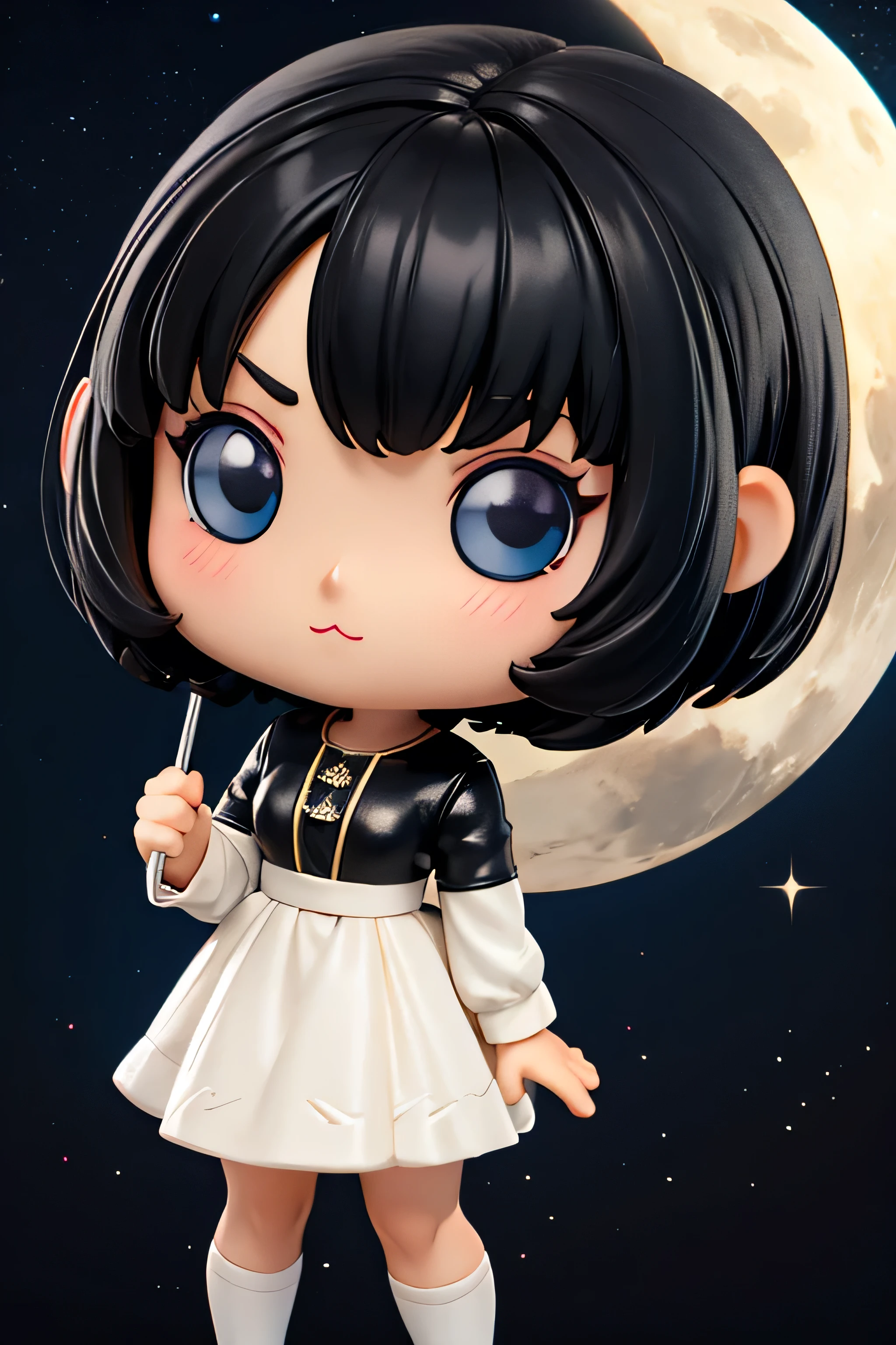 funko girl , short black hair, moonlight background, evening