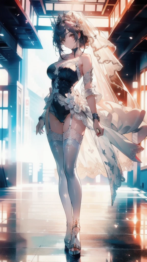((masterpiece, best quality)), Epic battlefield atmosphere，Delicate face，bride，seaside，Beach，whole body，Standing picture，glowing white eyes，Large Breasts，Perfect body proportions，Pure white background，firefly，Transparent sexy lingerie，High heel