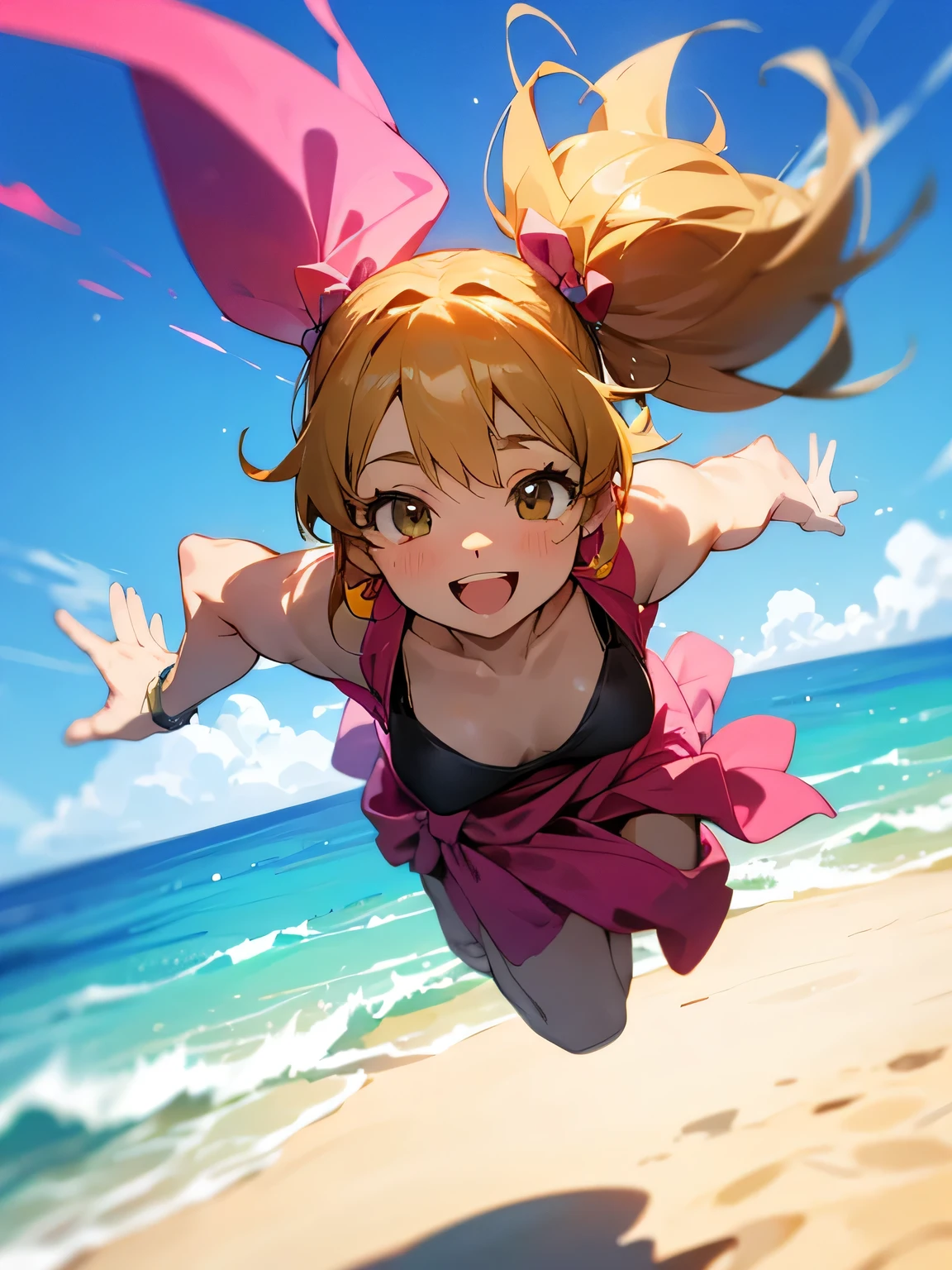 from above:1.3,close up face,solo, black twintail, (blunt bang), pink  Sarong pass, big smile, happy image,dynamic  jumping pose, sandy beach, blue sky,