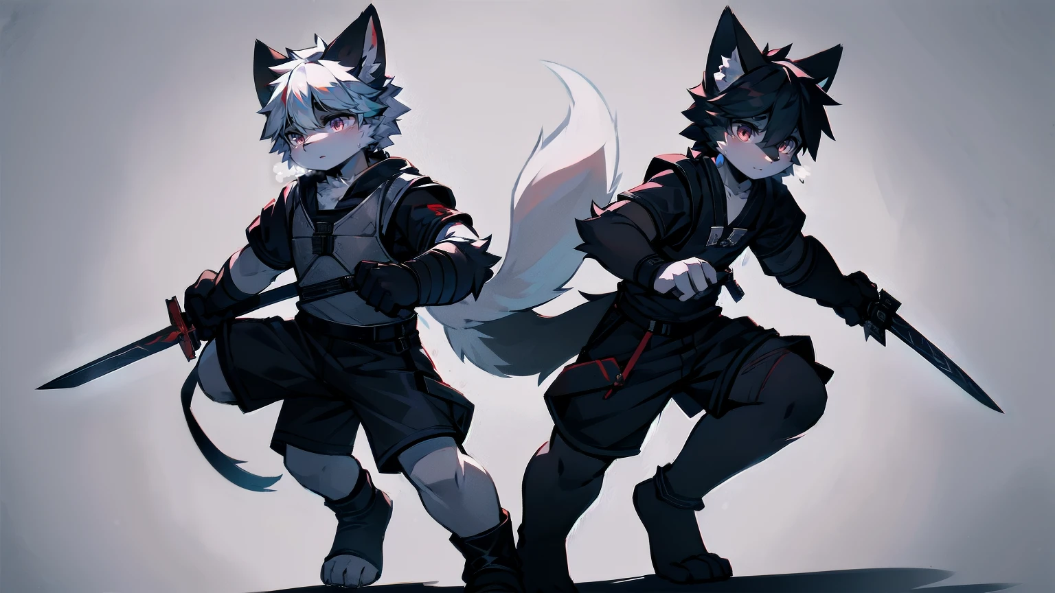 White Wolf,black hair,Red eyes,Wolf ears,Wolf Tail,juvenile,male,hairy,Hair,Half body armor,Combat uniform,Silver and black clothing,Handsome,Handsome,shorts,The forearm is exposed,leg,Fighting Stance,Duel,Two people,Anxious,Armed with a sword,Simple background,Swords