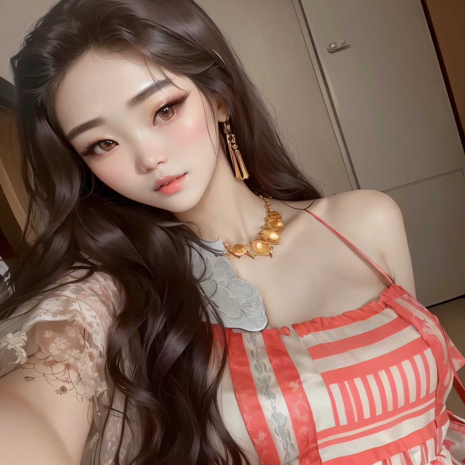A close-up of a woman wearing a dress and a necklace, Beautiful young Korean woman, ulzzang, beautiful south korean woman, Beautiful young Korean woman, slim girl model photo, beautiful asian girl, good young girl, dilraba dilmurat, korean girl, Sexy neck, beautiful chinese model, Yoshitomo Nara