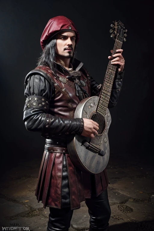 bard Dandelion from The Witcher, in leather medieval clothes in a silver-black camisole with metal inserts in the style of a goth rocker with a red fiery fantasy guitar in his hands and in a red leather cloak medieval fantasy art 3D