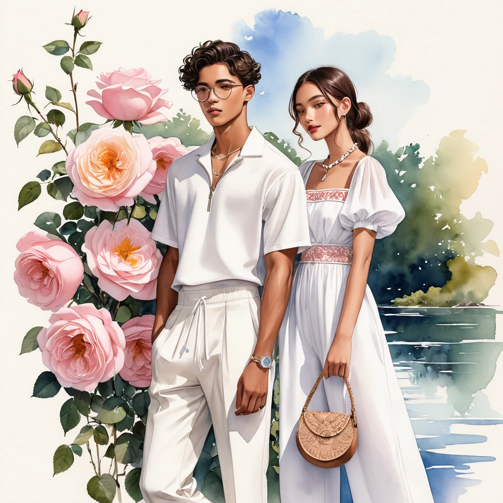 candid fashion illustration of young Mixed race man and woman, both aged 18 year old, ((showcase fashion look book in a rose and White linen outfits)), the design inspired David Austin Rose, in elegant young chic bohemian style. The man wears an oversized short-sleeved bowling white shirt with a minimal embroidery details, paired with relaxed-fit white Sports pants with Drawstring, He completes his look with white sneakers, round glasses. The woman complements him in a white Calf-length fitted dress in a cotton crêpe weave with a sweetheart neckline, smocked section at the back and a concealed zip at one side. Elbow-length, organza-filled balloon sleeves with covered elasticities over the shoulders and at the cuffs, Her ensemble includes an accessorizes with a brimmed straw bag, wood necklace and white sneakers and necklace. Captured in a low angle, ((full-body image)), ((light rose flower in water color background)), sketching, realistic drawing, ((imperfect water color drawing)), fashion look book, fashion illustrator, sketch design,