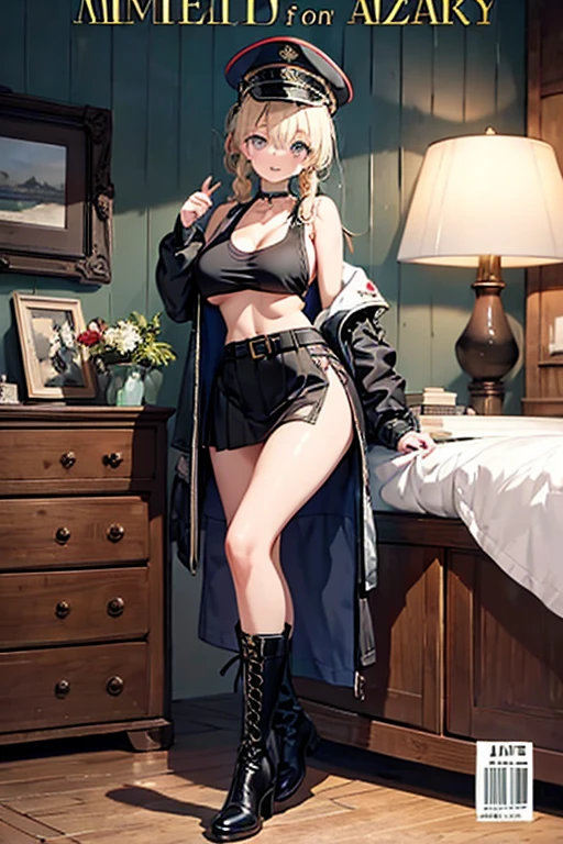 (masterpiece:1.2), (Military uniform magazine cover:1.4),best quality,PIXIV,Sweet girl , sexy posture,1girl, (perky chest:1.2), rolling upskirt by wind:1.6, (with sparkling eyes and a contagious smile),open mouth, (pointed chest:1.2),fishnets, black hair, boots, long hair, black nails, skirt, shirt, black footwear, bag, black skirt, jewelry, jacket,  thigh strap, bangs, necktie, earrings, nail polish, multicolored hair, looking at viewer, full body, bottle, own hands together, belt, jacket on shoulders, food, cats on head, ring, choker, english text, collared shirt, blue eyes, hat, lace-up boots ,masterpiece、highest quality、Very detailed、An illustration、Beautiful fine details、One Girl、cute、Detailed landscape、Training Room Background:1.4、Platinum Blonde Hair、Braided Ponytail、Red camisole、((c cup breasts, Tank top showing underboob:1.4))
