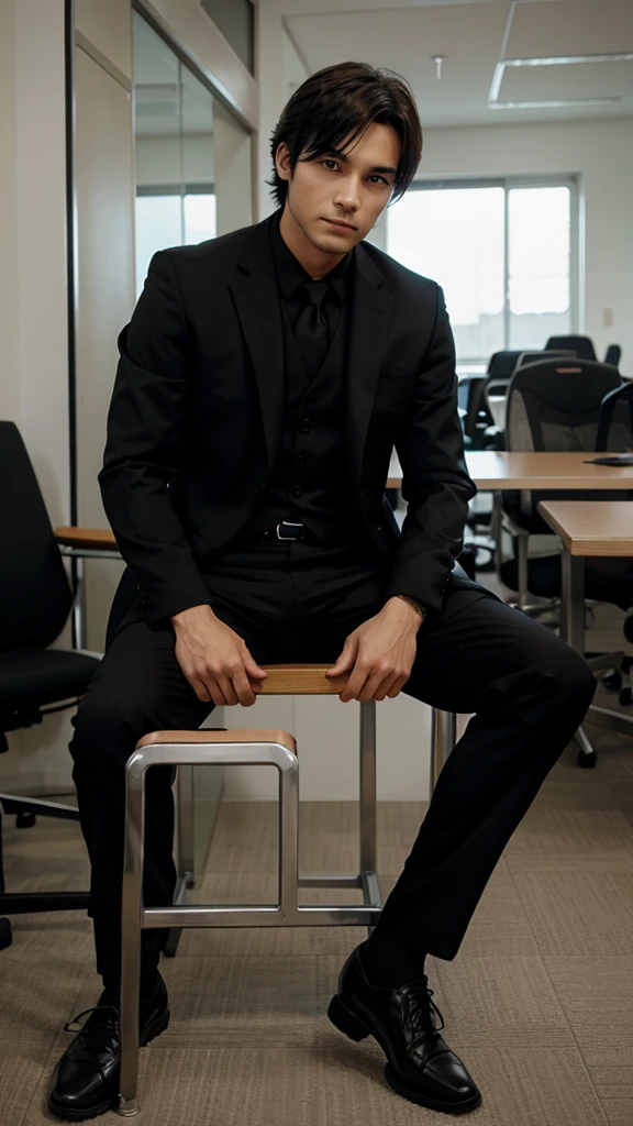 Anime picture of a man wearing a black suit. sitting on a chair Post a cool pose