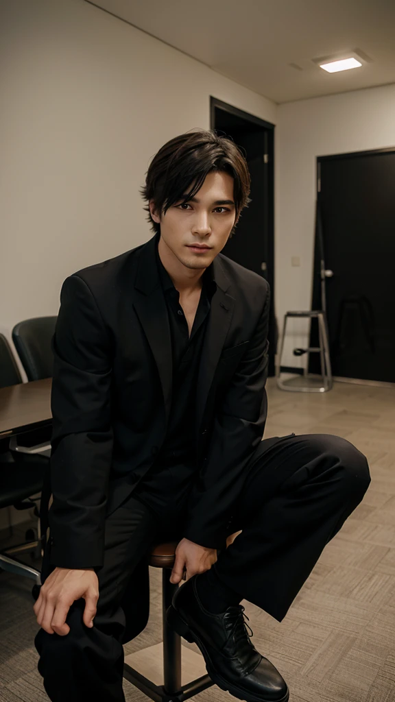 Anime picture of a man wearing a black suit. sitting on a chair Post a cool pose
