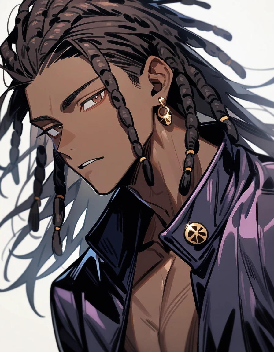 (1boy,jujutsu kaisen) solo, (black pimp jacket), (brown skin color), messy look, black hair, ((dreadlock hairstyle)), brown eyes, masterpiece, best quality, high quality, upper body, male focus, eye bags