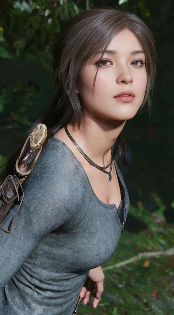 Lara Croft, eyes browns, (best qualityer, ultra details), (realisitic:1.37), beautiful and detailed face, ultra-realisitic texture, Exquisite face, Delicate body, red lipgloss stick, shiny colors. High definition, 8K