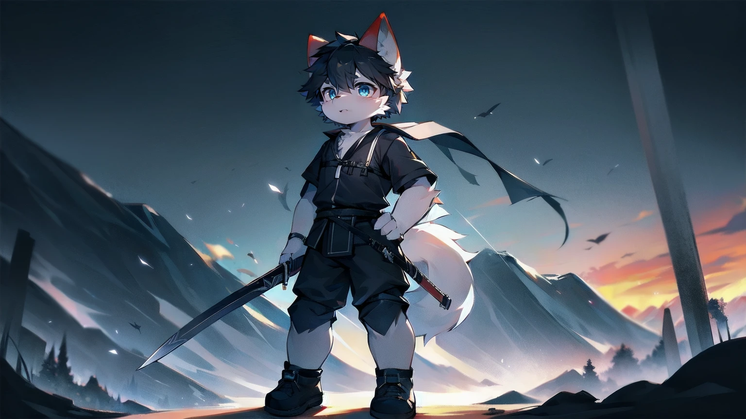 White Wolf,black hair,Sky blue eyes,hairy,Wolf ears,Wolf tail,Full body portrait,The character is in the center of the frame,Handsome,Confident eyes,male,juvenile,Black and white combat uniform,Red neck bib,Black shorts,Short sleeve,hairy arms and legs,Dark background,Dark battlefield,dawn,sunrise,dawn,illumination,shadow,Swordsman,Scabbard and sword,Hold the hilt of a sword in your hand,The scabbard is at the waist,Highest quality,only one people