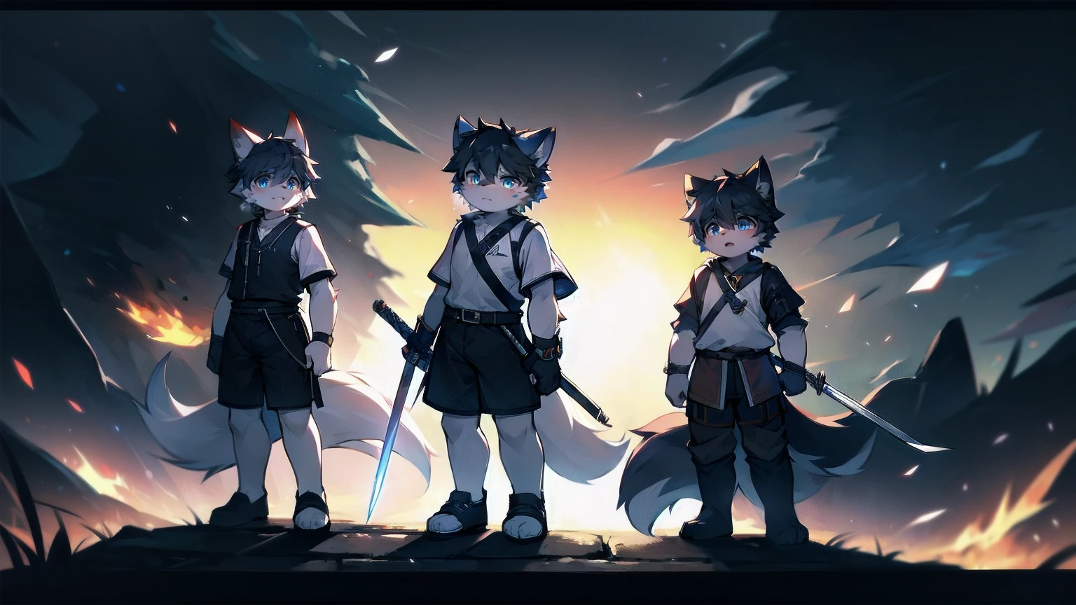 White Wolf,black hair,Sky blue eyes,hairy,Wolf ears,Wolf tail,Full body portrait,The character is in the center of the frame,Handsome,Confident eyes,male,juvenile,Black and white combat uniform,Red neck bib,Black shorts,Short sleeve,hairy arms and legs,Dark background,Dark battlefield,dawn,sunrise,dawn,illumination,shadow,Swordsman,Scabbard and sword,Hold the hilt of a sword in your hand,The scabbard is at the waist,Highest quality,only one people