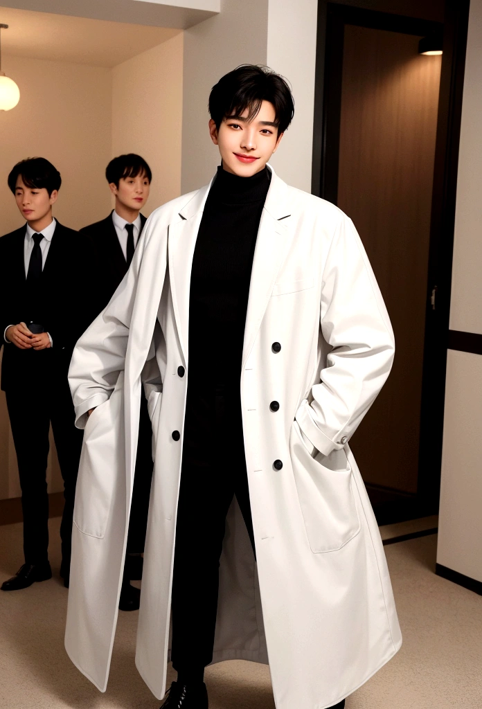 Picture an image of a young man wearing a long white coat with large front pockets. Under the coat, the man wears a black high collar shirt and black pants. He is also wearing brown leather shoes. The man has medium length black hair and is standing with his hands in his coat pockets, exuding a calm and confident attitude. He has a bright and cheerful expression. He is looking straight into the camera, squinting his eyes and smiling gently. The background is light and white, giving the image a clean and fresh look. Best Quality, Super Detailed, , (Korean), Long Body, (Black Turtleneck)), Clean Lab, (Beautiful), (Long Body)), Best Quality, Super Detailed, Illustration, Super Detailed View, (Realistic), (Black Hair)), One Young Man, (All Wearing Evian), (Researcher in White Coat)), (No Glasses), Twink, (Fair Skin), (Knowledgeable), (Korean), Long Body, (White Shirt)), Clean Lab, (Beautiful),