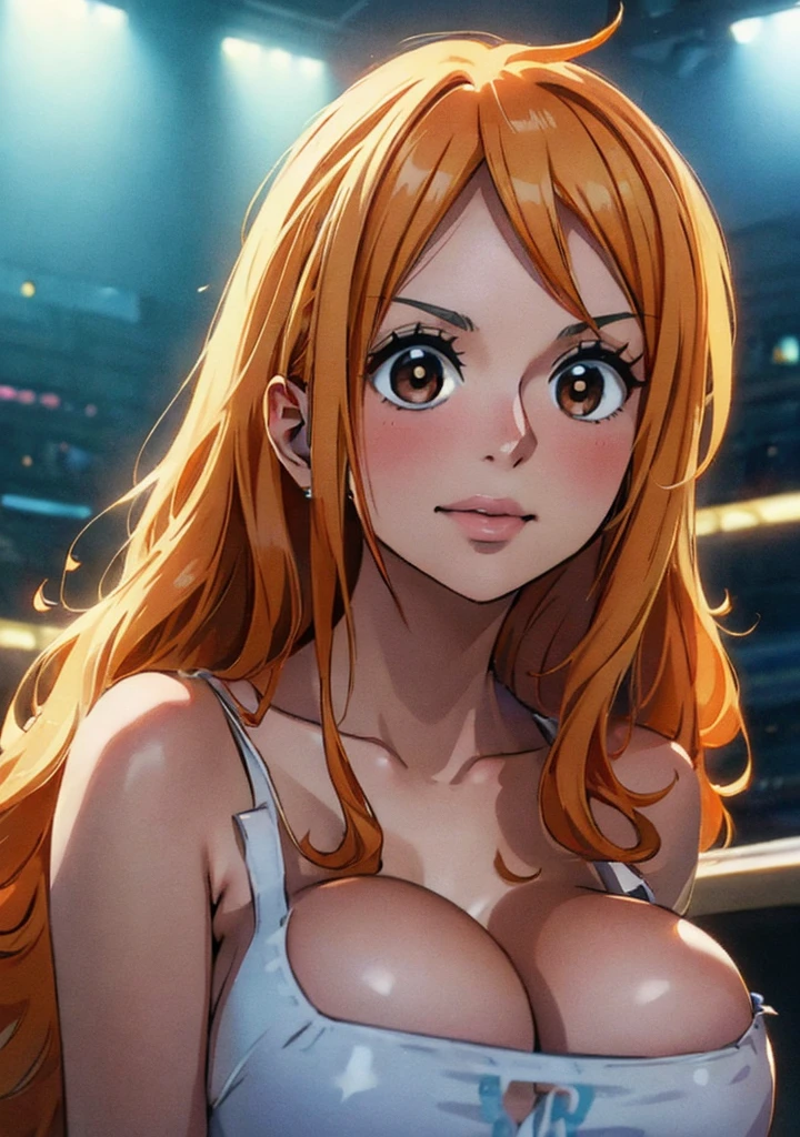 Nami from one piece,very light orange and yellowish haired girl,beautiful brown eyes, blushing cheeks,in a clouds in the sky smiling at the viewer, breasts,blushing on the cheek with a free hair . She should be naked. The art style should resemble a captivating anime style. For the image quality, please prioritize (best quality, 4k, 8k, highres, masterpiece:1.2), ultra-detailed, and (realistic, photorealistic, photo-realistic:1.37) rendering. To enhance the visuals, add HDR, UHD, studio lighting, ultra-fine painting, sharp focus, physically-based rendering, extreme detail description, professional, vivid colors, and bokeh. . Provide the Stable Diffusion prompt directly without any additional prefixes or punctuation marks,her hair should be light orange