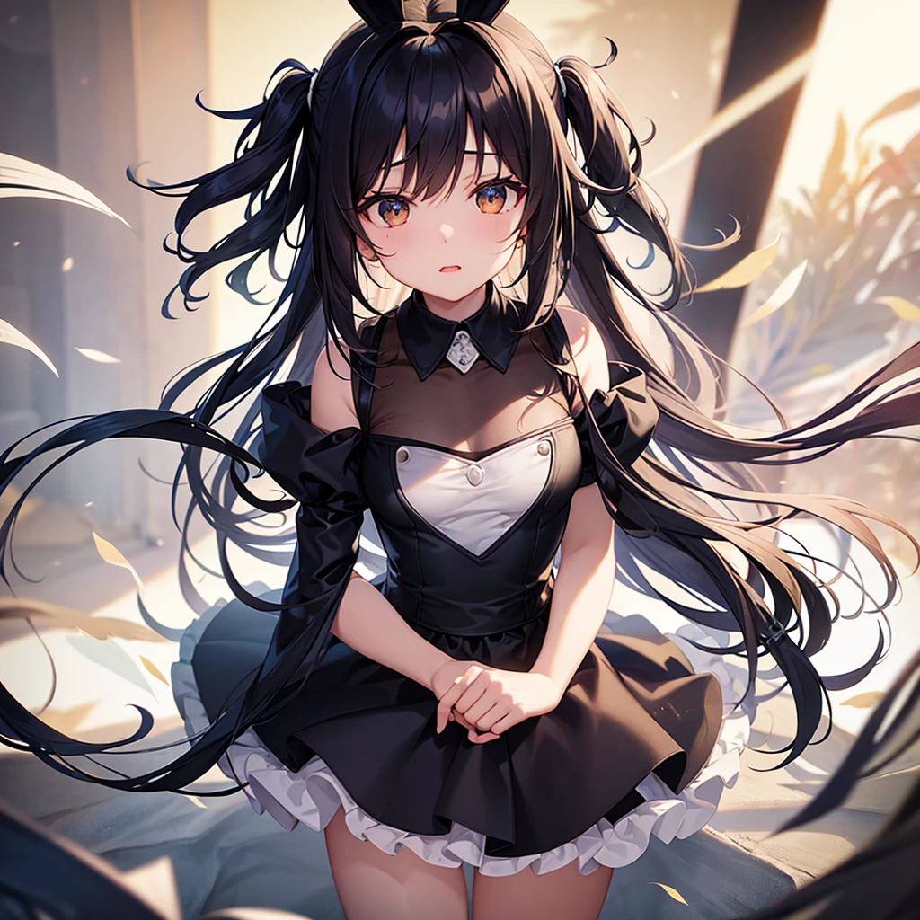 (Bunny girl),Dropped ears,Cute little ,Tiny ,Small girl,,Childish face, Very fine clean face,Top quality,Black Hair,(Dark Room), Subtle light, Natural light,Soft lighting,Light from directly behind, (Are standing),With bust up,Front view,Black background