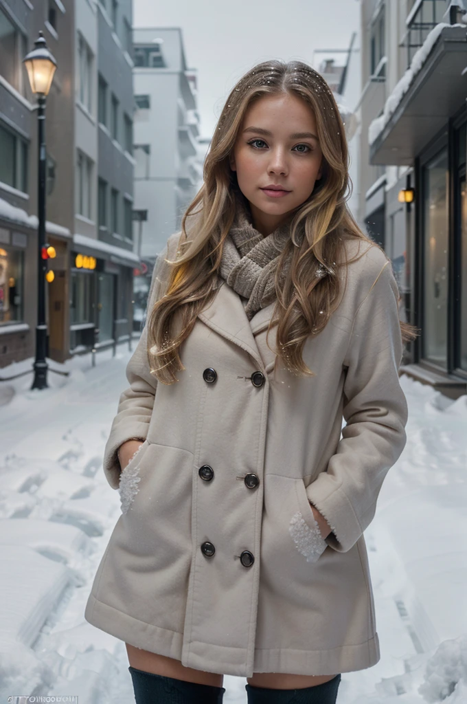 professional portrait photograph of a gorgeous Norwegian girl in winter clothing with long wavy blonde hair, sultry flirty look, gorgeous symmetrical face, cute natural makeup, wearing elegant warm winter fashion clothing, ((standing outside in snowy city street)), stunning modern urban environment, ultra realistic, concept art, elegant, highly detailed, intricate, sharp focus, depth of field, f/1. 8, 85mm, medium shot, mid shot, (((professionally color graded))), bright soft diffused light, (volumetric fog), trending on instagram, hdr 4k, 8k