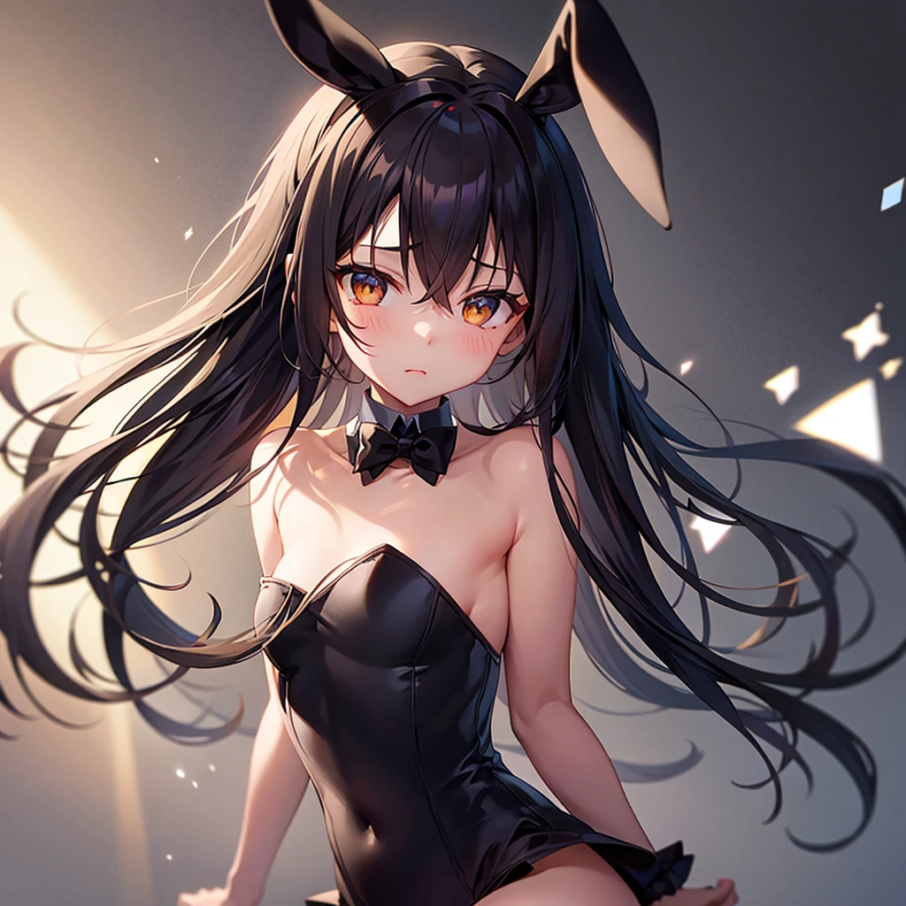((Bunny girl)),(Dropped ears),Cute little ,Tiny ,Small girl,,Childish face, Very fine clean face,Top quality,Black Hair,(Dark Room), Subtle light, Natural light,Soft lighting,Light from directly behind, (Are standing),With bust up,Front view,Black background