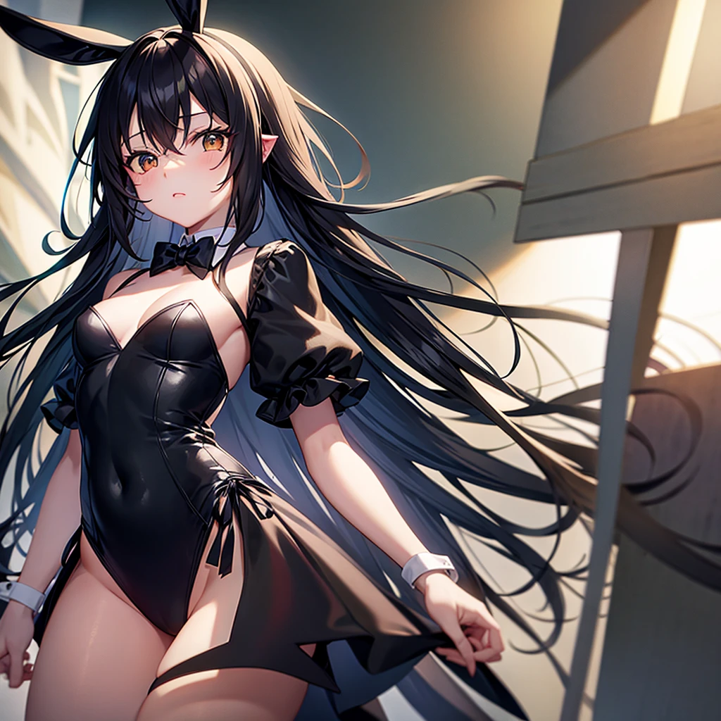 ((Bunny girl)),(Dropped ears),Cute little ,Tiny ,Small girl,,Childish face, Very fine clean face,Top quality,Black Hair,(Dark Room), Subtle light, Natural light,Soft lighting,Light from directly behind, (Are standing),With bust up,Front view,Black background