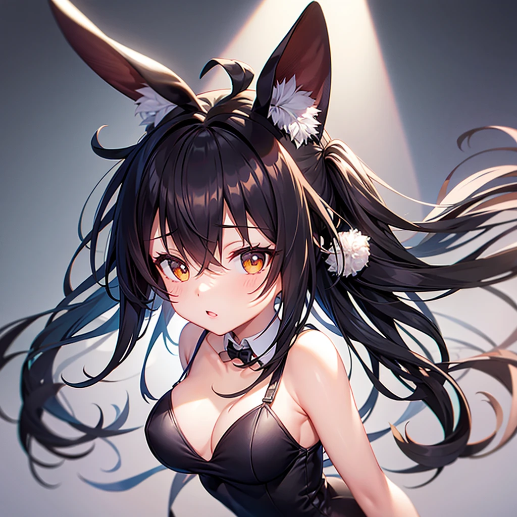 ((Bunny girl)),(Dropped ears),Cute ,Tiny ,Small ,Childish face, Very fine clean face,Top quality,Black Hair,(Dark Room), Subtle light, Natural light,Soft lighting,Light from directly behind, (Are standing),With bust up,Front view,Black background