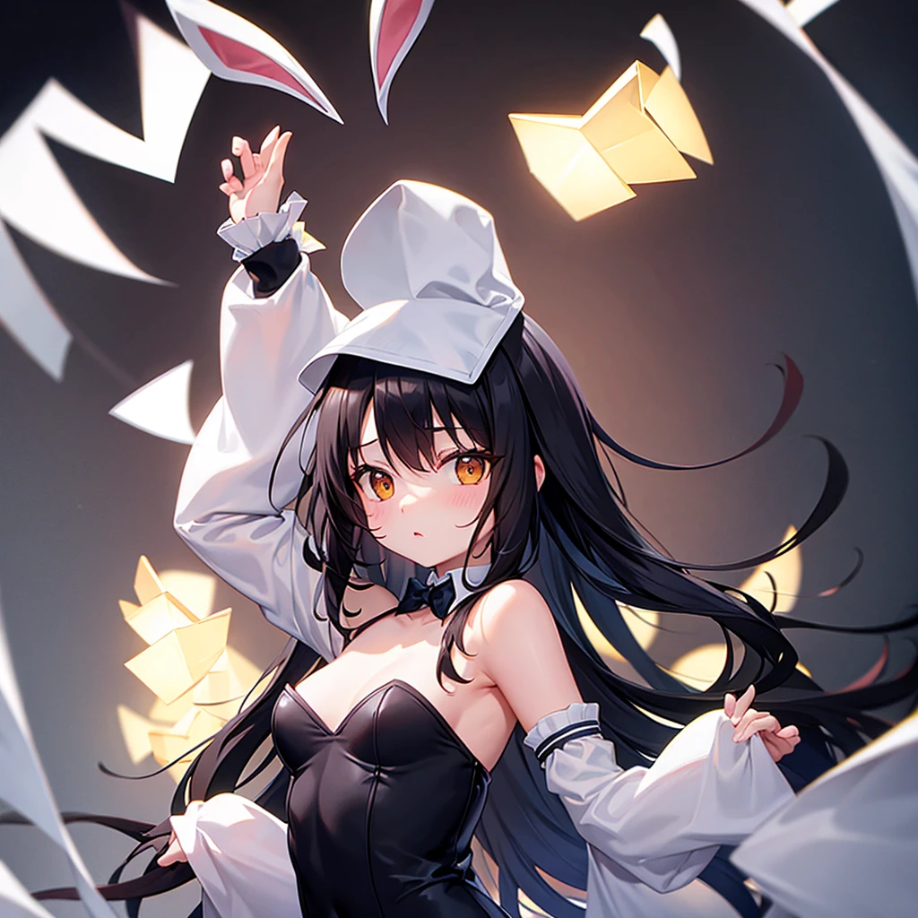((Bunny girl)),(Dropped ears),Cute little ,Tiny ,Small girl,,Childish face, Very fine clean face,Top quality,Black Hair,(Dark Room), Subtle light, Natural light,Soft lighting,Light from directly behind, (Are standing),With bust up,Front view,Black background