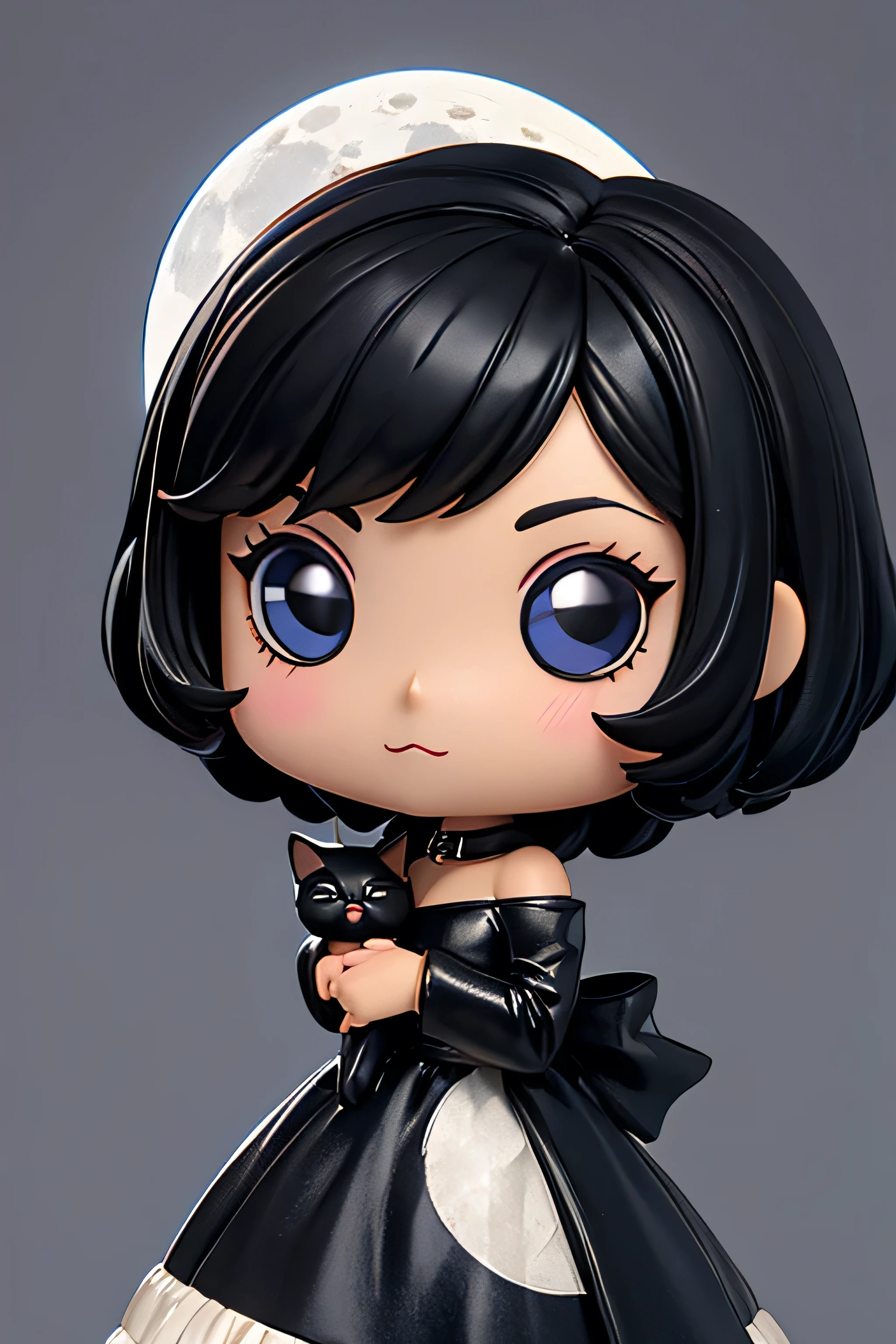 funko girl , short black hair, moonlight background, evening, black kitten on the side