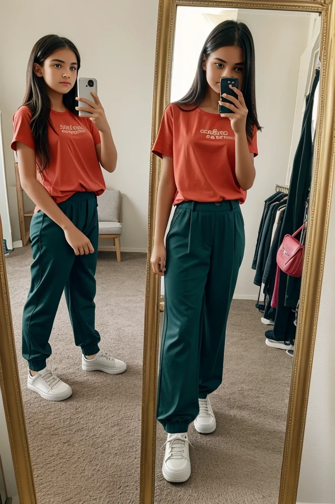  girl dressed in wide pants and a croc top takes a photo of herself in front of her mirror 