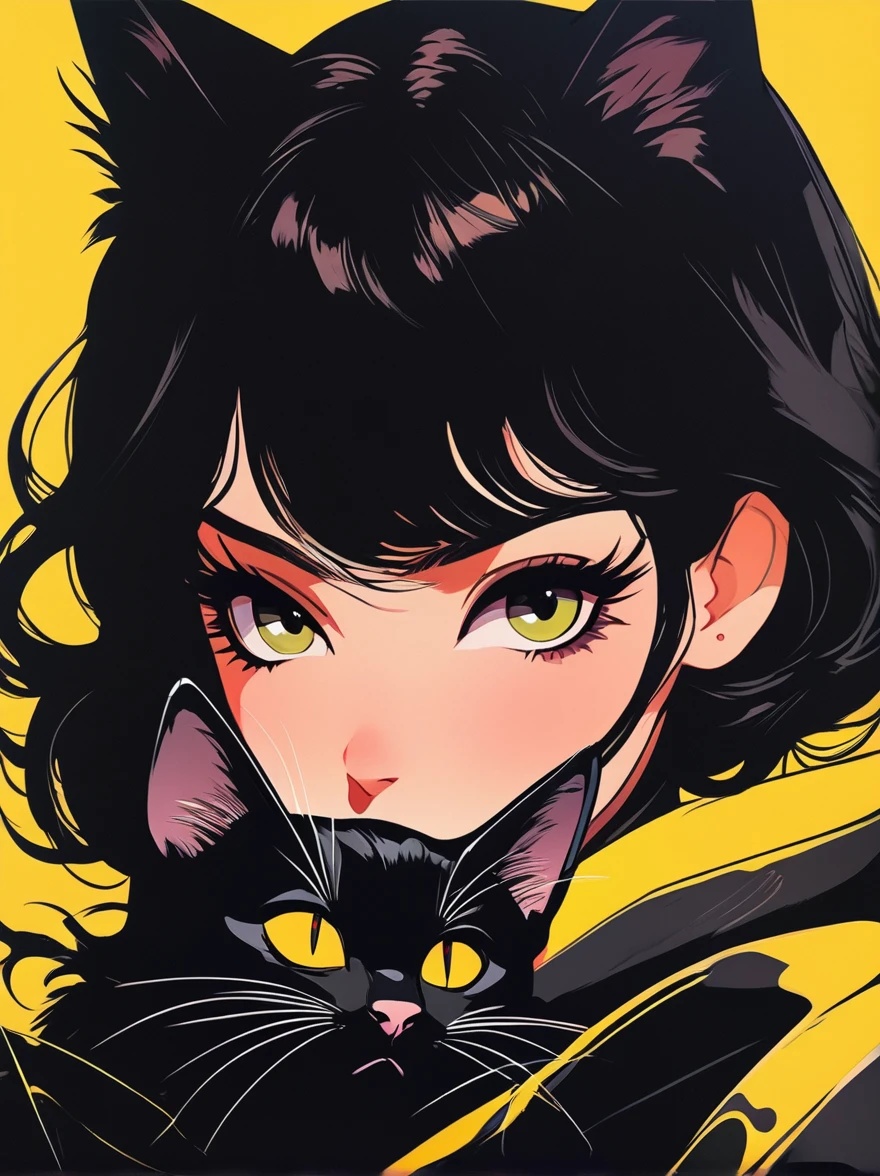 Anime girl with black cat on yellow background, Goth Cat Girl Portrait, Catwoman, Anime-style illustrations, Anime style 4K, Anime style portrait, Ilya Kuvshinov's sty. 4K, Catwoman, Artyom and Ilya Kuvshinov, Emo girl and her , Beautiful anime cat girl, Anime Style, Anime Style. 8K