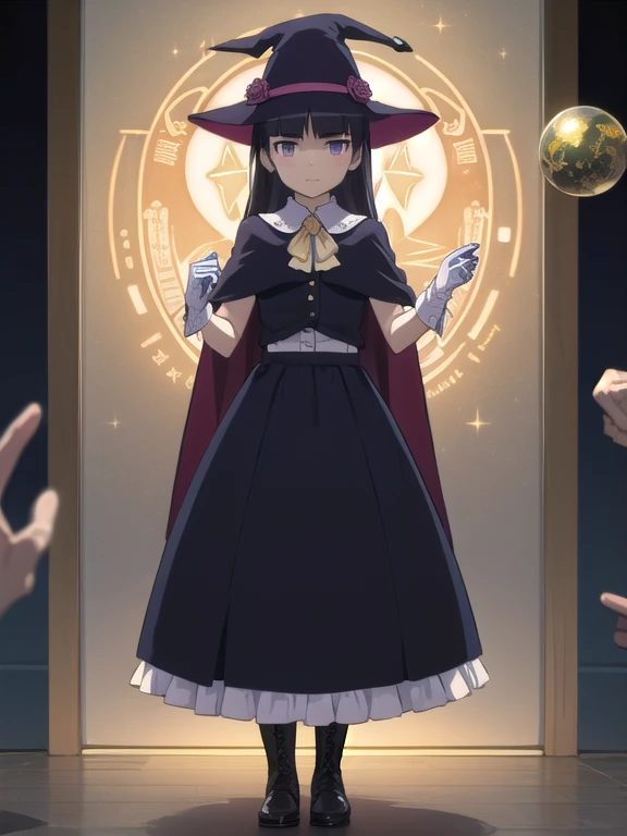(masterpiece, Highest quality:1.1), astrologer, 1 Girl, alone, witch hat, gloves, dress, Black Costume、((Long skirt))、Frills, boots, Cape, witch, ((ruri gokou)),
Prophecy, Crystal Ball, magic circle, Shining Star, meteor, universe, magical energy, Vision of the future