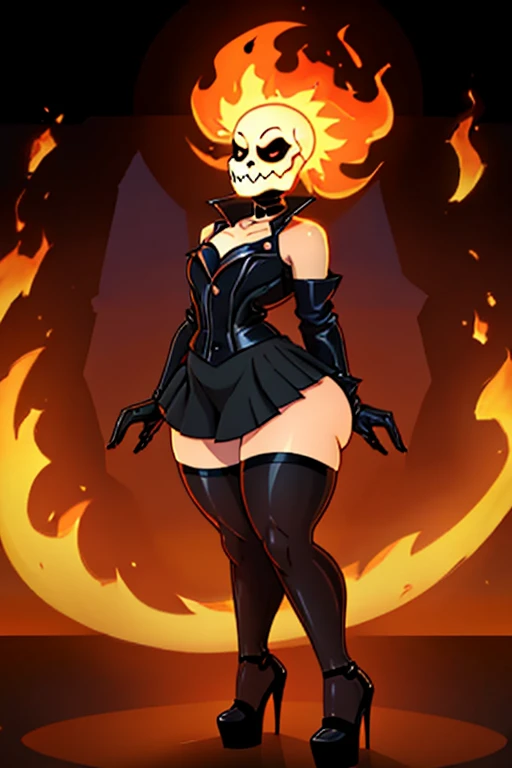 (burning skeleton), feminine, (????? boy), feminine boy, shoulders peños, (effeminate boy) small waist, Wide hips, round butt, fat thighs, sexy silhouette, long eyelashes, Ghost rider, partial leather clothing, short jacket, mini skirt long stockings, long gloves, sexy gothic style clothing, high heels, suggestive pose