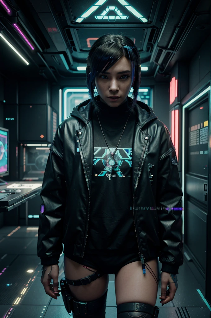 Illustration of a cyberpunk hacker in a virtual reality setting, surrounded by holographic code, futuristic UI, and virtual landscapes, Surreal Cyberpunk Art Style, Influenced by Deviantart and Ghost in the Shell anime, Camera: POV, Lens: Augmented Reality Lens, Render Style: Isometric Assets, 4K resolution, (((Cyberpunk)))
