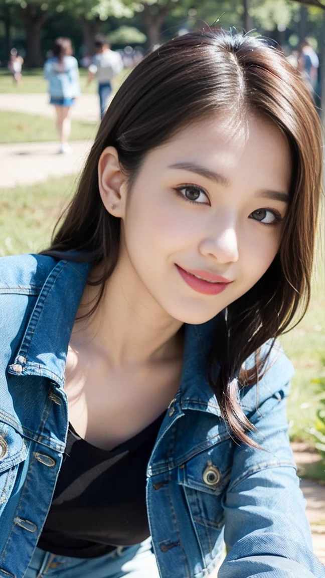 ((((Top quality))))、(((Ultra-high precision CG16K wallpaper)))、(((masterpiece)))、(((Ultra Detailed)))、(((Extreme details)))、1woman、Become a、A 25-year-old female、((Extremely beautiful face))、((Sasaki Nozomi:1.5))、((Straight half-length hair:1.3))、(Shiny hair)、Bangs to eyebrows、Beautiful brown hair、Beautiful and delicate eyes、Brown eyes、Raise an eyebrow、High Nose、Small nostril、Little mouth、Tempting lips、Mouth slightly open、Beautiful breasts、Full body、Oval face, Both eyes, Both eyes皮, Long eyebrows, Long eyelashes, A faint smile, ((Large Breasts, Breast sagging, Breast separation)), Chest 32 inches,Sent,The face is good, Perfect proportion、Perfect Anatomy、Perfect composition、Beautiful and detailed shadows、beautiful natural light、beautiful detailed glow、Depth of Field、(((High chroma)))、(((Realist:1.9)))、((vivid:1.4))、((Beautiful skin))、((Texture))、((Realistic skin feel))、(((Head to thigh shot:1.5)))、((Frontal angle:1.5))、((a smile:1.4))、(Eyes on me)、Bright sunshine、(((Stand in the park:1.5)))、(Standing posture) ,(full-body shot:1.3)、((((Wearing a cropped denim jacket:1.3), Denim shorts, (t-shirt), )))、