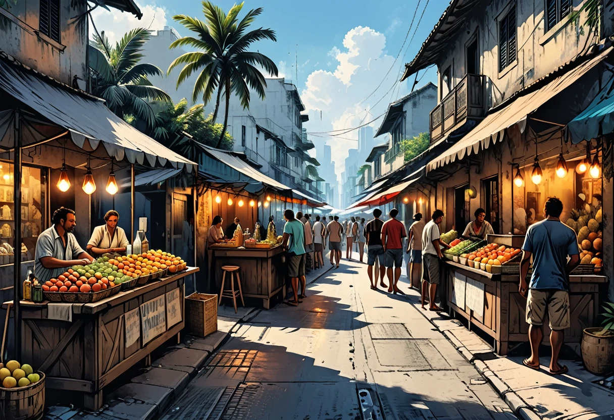 tropical side street, palm, (market), fruits, bar, street food, people, people on the street, dead end, graphic style of novel comics, perfect hands, 2d, 8k, hyperrealism, masterpiece, high resolution, best quality, ultra-detailed, super realistic, Hyperrealistic art, high-quality, ultra high res, highest detailed, lot of details, Extremely high-resolution details, incredibly lifelike, colourful, soft cinematic light,