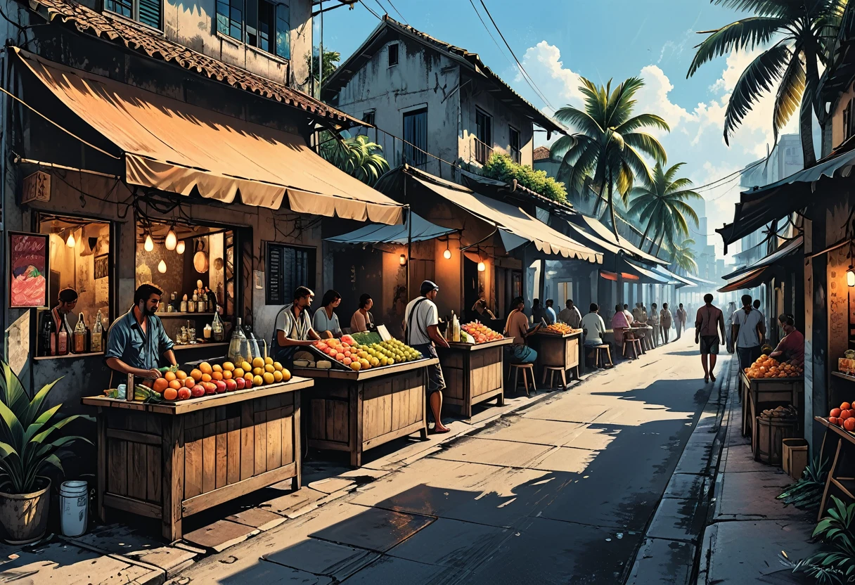 tropical side street, palm, (market), fruits, bar, street food, people, people on the street, dead end, graphic style of novel comics, perfect hands, 2d, 8k, hyperrealism, masterpiece, high resolution, best quality, ultra-detailed, super realistic, Hyperrealistic art, high-quality, ultra high res, highest detailed, lot of details, Extremely high-resolution details, incredibly lifelike, colourful, soft cinematic light,