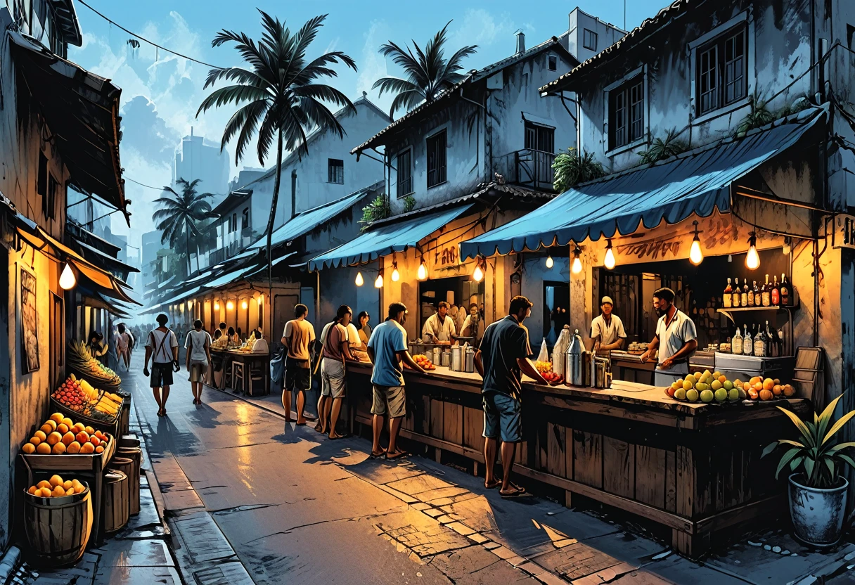 tropical side street, palm, (market), fruits, bar, street food, people, people on the street, dead end, graphic style of novel comics, perfect hands, 2d, 8k, hyperrealism, masterpiece, high resolution, best quality, ultra-detailed, super realistic, Hyperrealistic art, high-quality, ultra high res, highest detailed, lot of details, Extremely high-resolution details, incredibly lifelike, colourful, soft cinematic light,