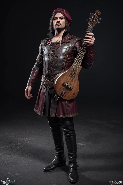 bard Dandelion from The Witcher, in leather medieval clothes in a silver-black camisole with metal inserts in the style of a goth rocker with a red fiery fantasy guitar in his hands and in a red leather cloak medieval fantasy art 3D